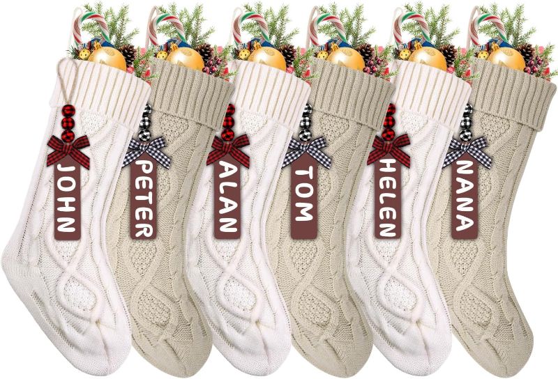 Photo 1 of (FAIR) XIMISHOP 6pack Christmas Stockings, 18inch Large Personalized Cable Knitted Xmas Hanging Stocking Decorations with Name Tags for Holiday Christmas Party Family Decor (Khaki and White)