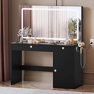 Photo 1 of 47" W Vanity Desk with LED Light and Power Outlets, Large Makeup Vanity with Dividers and Hair Dryer Rack, 3 Level Storage Dresser Makeup Vanities Dressing Table for Bedroom, Black