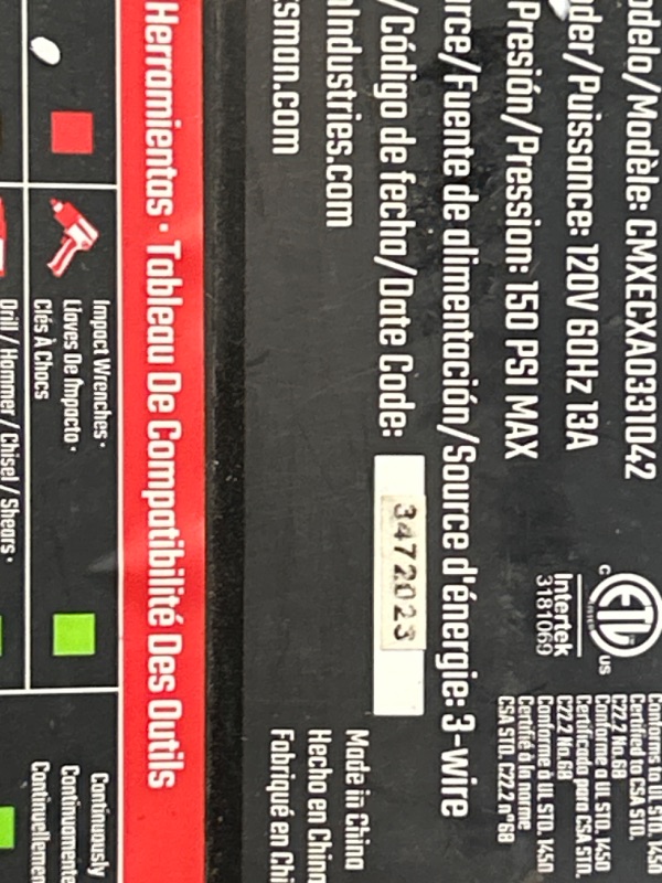 Photo 1 of Craftsman Air Compressor, 10 Gallon Peak 1.8 Horsepower Oil-free Compressor, Max 150 PSI, Vertical Compressor Air Tools, Model: CMXECXA0331042