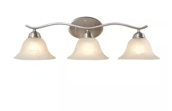 Photo 1 of Andenne 26.3 in. 3-Light Transitional Brushed Nickel Bathroom Vanity Light Fixture with Marbleized Glass Shades
