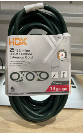 Photo 1 of  Home Depot 25ft 14 Gauge 3 Inline Outlet Outdoor Extension Cord Green
