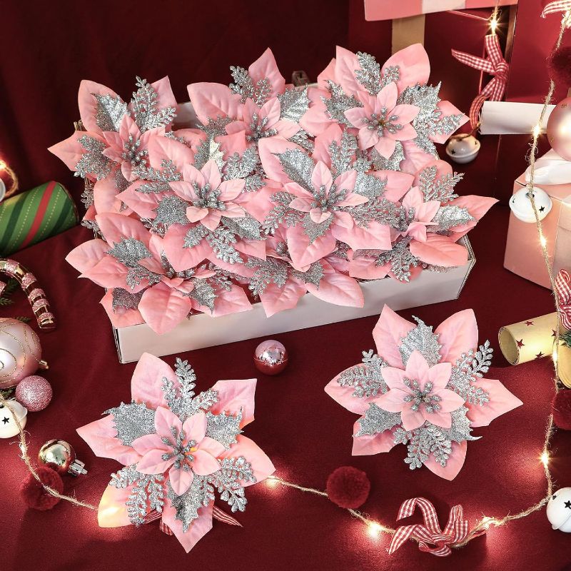 Photo 1 of Alupssuc 24 Pcs 6"&9" Large Size Poinsettia Artificial Christmas Flowers for Christmas Tree, Boxed Christmas Ornaments Flowers Glitter Picks for Xmas New Year Decor with Clips&Sticks?Pink?Silver