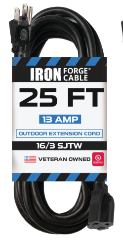 Photo 1 of *ONLY 1* IRON FORGE CABLE 2 Pack Outdoor Extension Cord 25 ft, 16/3 SJTW Heavy Duty Black Extension Cord 3 Prong, 13 Amp Weatherproof Exterior Power Cable for Outdoor Lights, Lawn & Landscaping