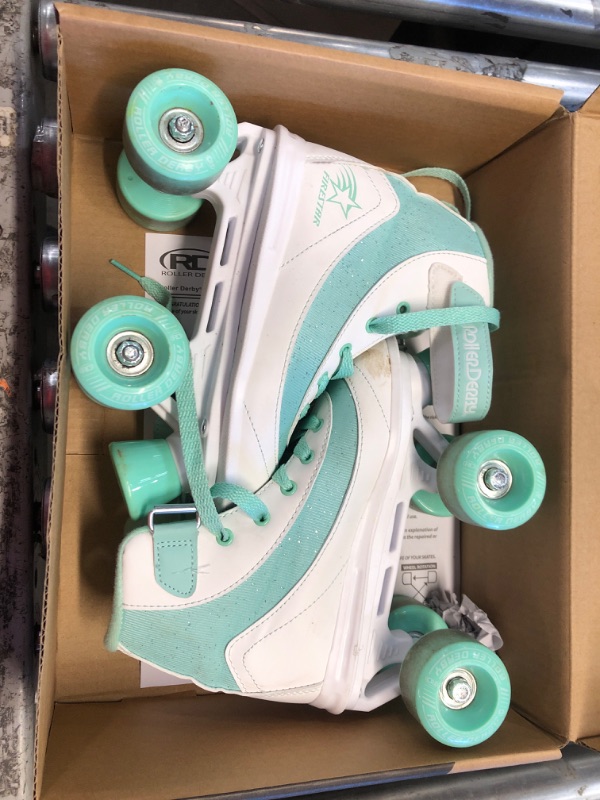 Photo 2 of (FAIR/USED) Roller Derby Firestar Youth Girl's Quad Roller Skates, White/Mint, Size 02