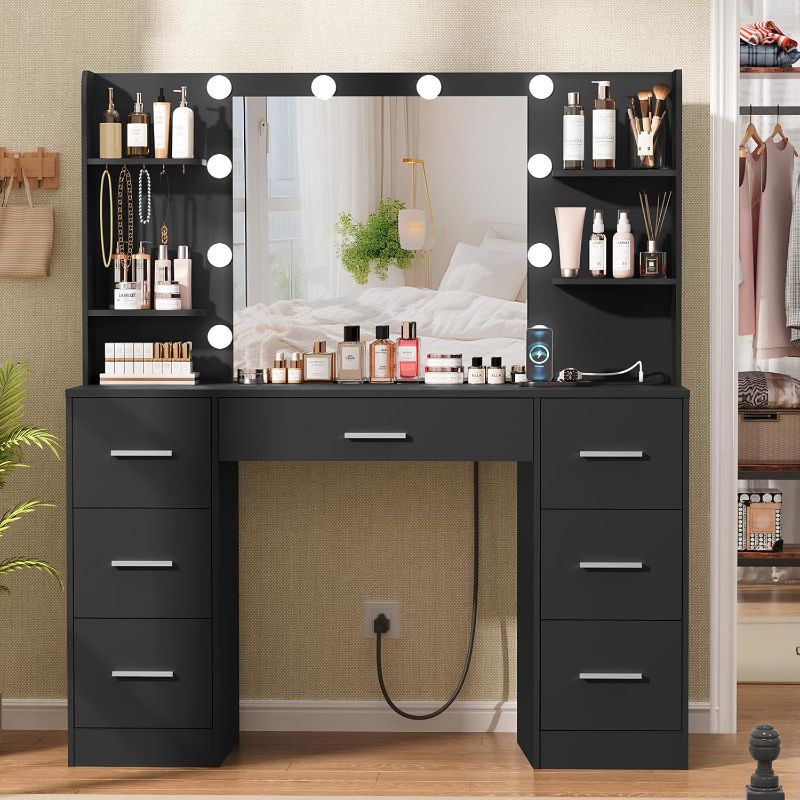 Photo 1 of **READ DESCRIPTION** Quimoo Large Vanity Desk with LED Lighted Mirror & Power Outlet,Makeup Vanity Table with 7 Drawers,4 Shelves and 5 Hooks,Vanity Table, Vanity Desk Set for Bedroom,Bathroom?Black