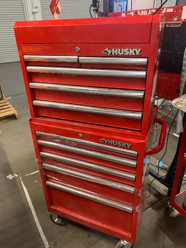 Photo 2 of *DRAWERS ARE LOCKED, UNSURE IF KEY IS INSIDE*  Husky
Tool Storage 27 in. W x 18 in. D Standard Duty Red Rolling Tool Chest Combo