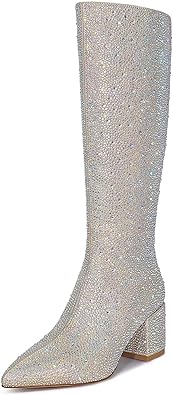 Photo 1 of (FAIR/USED) wetkiss Rhinestone/PU Low Chunky Pointed Toe Knee High Boots for Women with Full Bling Sparkly Crystals Booties for Wedding Party Date Dress
s: US 7