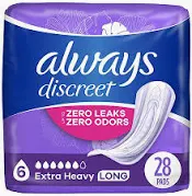 Photo 1 of 2 Pack Always Discreet Adult Incontinence Pads for Women, Extra Heavy Absorbency, Long Length, Postpartum Pads, 56 CT