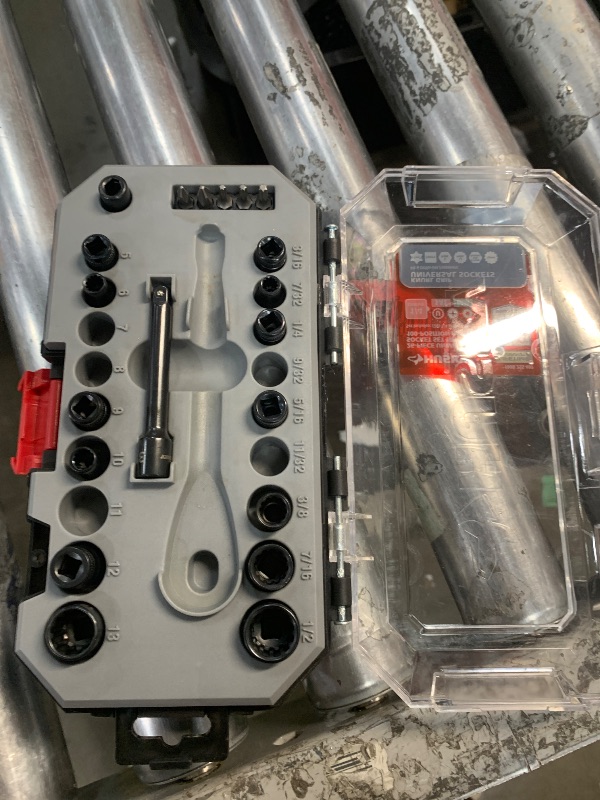 Photo 2 of 100-Position 1/4 in. Drive Universal Socket Wrench Set (26-Piece) husky # # 1008255497 *** missing pieces*** refer to photos