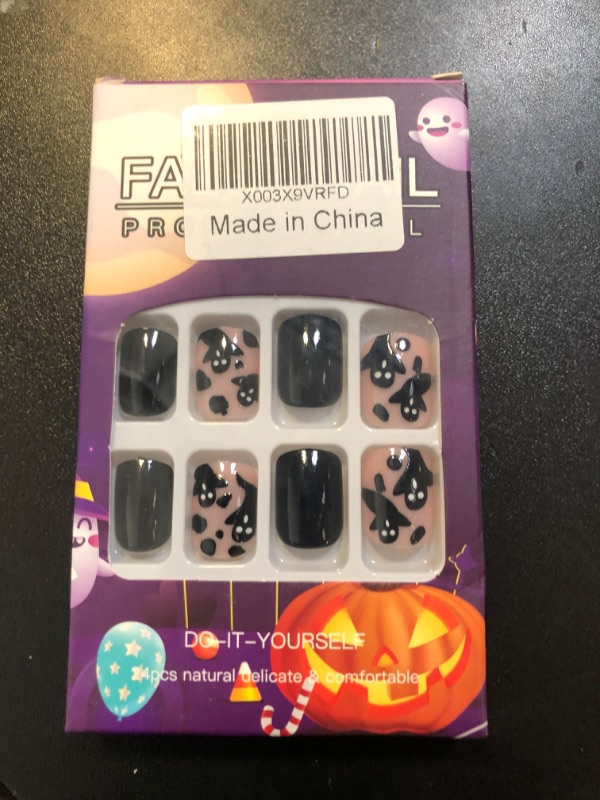 Photo 2 of 24 Pcs Halloween Press on Nails Short Black Fake Nails Nightmare Before Christmas Press on Nails Black Ghosts Design Full Cover Stick on Nails Glossy Halloween Nails for Women Girls