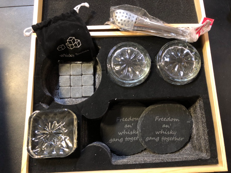 Photo 1 of Whiskey Decanter Set for Men, Whiskey Decanter Gift Set with 2 Glasses & Cooling Stones, Engraved 25 Oz Liquor Decanter with Coasters & Tongs, Great Gift Idea for Man Father, Bourbon or Scotch lovers