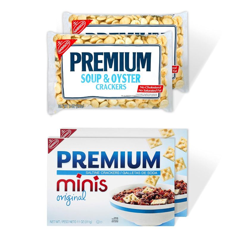 Photo 1 of Premium Saltine Crackers Variety Pack, 2 Bags Oyster Crackers , 2 Boxes Minis Saltine Crackers, 4 Packs- best byu 01/2025
