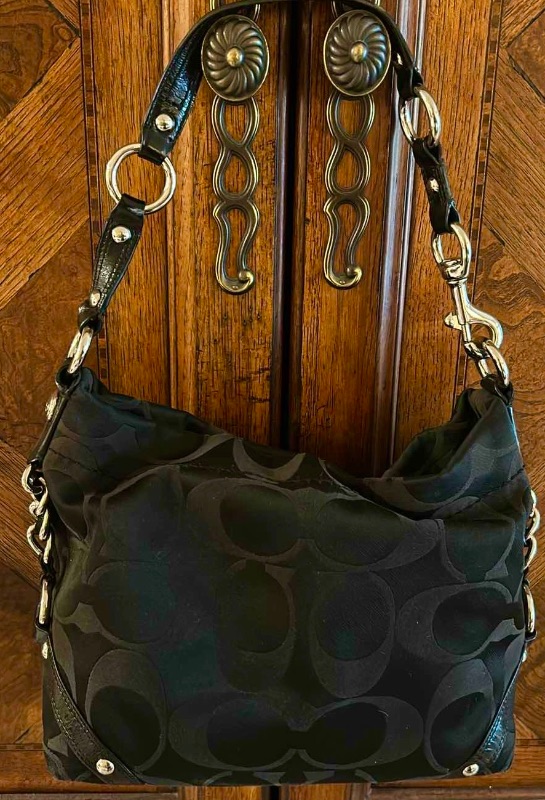 Photo 1 of COACH CHELSEA BLACK SIGNATURE MONOGRAM JACQUARD & SUEDE SHOULDER BAG