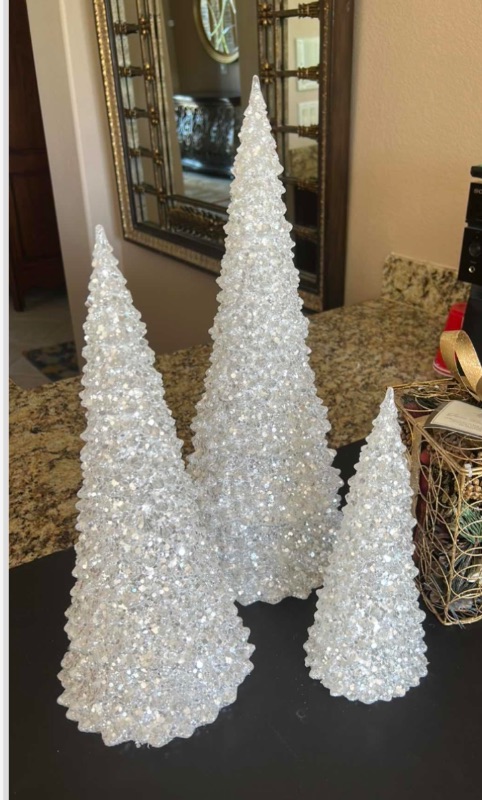 Photo 1 of 3-WHITE DECOR CHRISTMAS TREES (MAX H19”), GOLD DECOR CHRISTMAS PRESENT W HOLIDAY FILLINGS