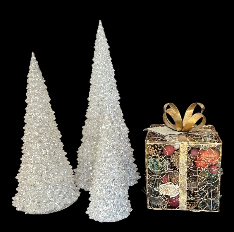 Photo 1 of 3-WHITE DECOR CHRISTMAS TREES (MAX H19”), GOLD DECOR CHRISTMAS PRESENT W HOLIDAY FILLINGS