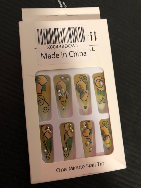 Photo 1 of Rilafuvu Press on Nails Medium Fake Nails Almond with Flower Designs Glue on Nails Yellow Gradient Acrylic Nails Rhinestones Stick on Nails Floral False Nails for Women and Girls 24Pcs