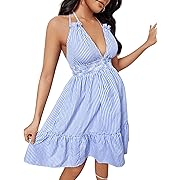 Photo 1 of Size 2XL--BEAUDRM Women's Backless Halter Maternity Dress Deep V Neck Ruffle Hem Shirred Striped Pregnancy Dresses Blue and White XX-Large