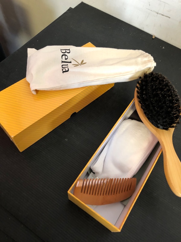 Photo 2 of Belula 100% Boar Bristle Hair Brush Set (Large). Soft Natural Bristles for Thin and Fine Hair. Restore Shine And Texture. Wooden Comb, Travel Bag and Spa Headband Included!