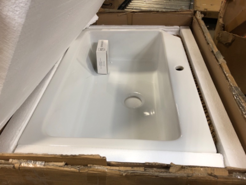 Photo 2 of Parker Fireclay Quick-Fit Drop-In Farmhouse Kitchen Sink and Care Kit, 34" Crisp White Single Bowl with 1 Hole