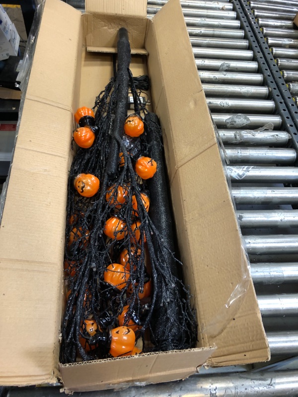 Photo 2 of [Timer] 6 Ft High Halloween Tree Black Tree with 96 Orange LED Lights & 24 DIY Pumpkin Ornaments Artificial Spooky Tree for Halloween Decoration Outdoor Indoor Home(4 Ground Stakes/Adapter)