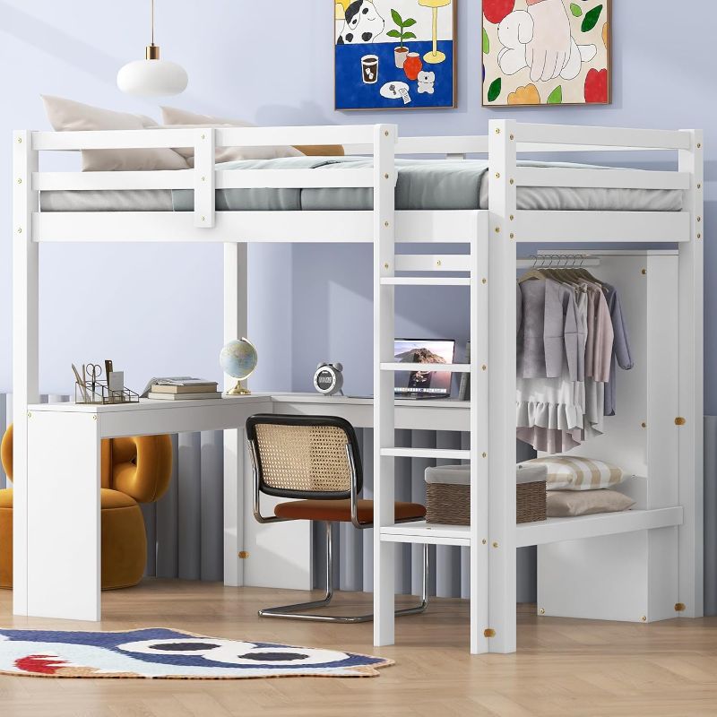 Photo 1 of Twin Loft Bed with Desk and Storage Shelf, Twin Size Loft Bed with Wardrobe and Cabinet, Wood Loft Bed with Slats and Guardrail(White Loft Bed Twin Size) (BOX 1 OF 3)
