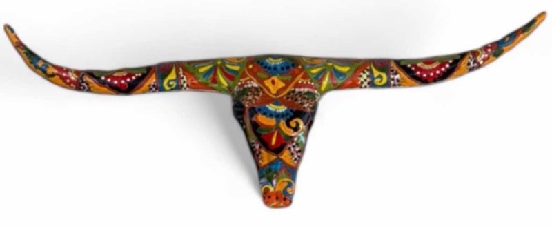 Photo 1 of DECORATIVE LONGHORN SKULL, TALAVERA, MEXIAN FOLK ART W38”