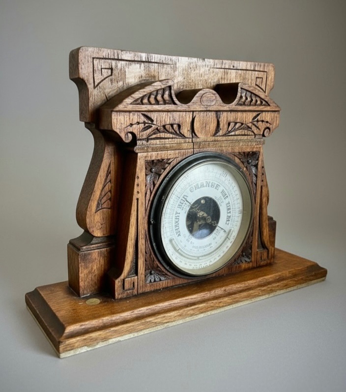 Photo 1 of ANTIQUE BAROMETER IN CARVED WOODEN CASE 14 1/2“ x 4 1/2“ x H10.75”