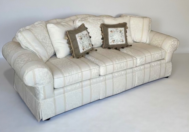 Photo 1 of 8’ THOMASVILLE UPHOLSTERED 0FFWHITE PATTERNED SOFA W ROLLED ARMS
