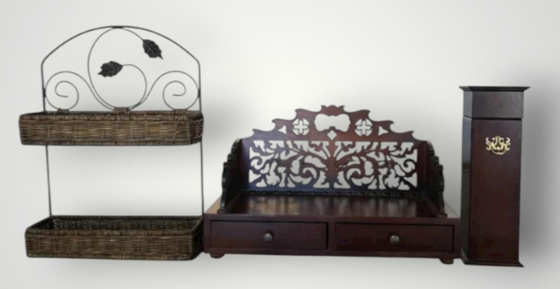 Photo 1 of 3 - HOME DECOR PIECES, TALL MATCHSTICK BOX, METAL AND WICKER WALL MOUNTED ORGANIZER AND CARVED WOOD SHELF WITH DRAWERS 18“ x 7“ x H11“