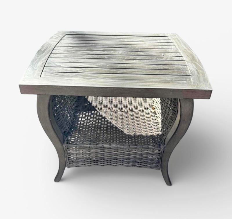 Photo 1 of OUTDOOR TABLE W SLATED TOP AND WOVEN BASE 26" X 24" H 22"