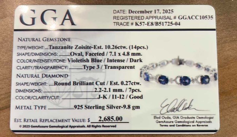 View 4 of STERLING SILVER W NATURAL TANZANITE ZOISITE (14 PCS) APPROX 10.26 CTW OVAL FACETED AND NATURAL DIAMOND 0.27 CTW BRACELET GGA CERTIFIED -BR009103