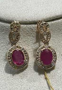 Photo 1 of STERLING SILVER GOLD PLATED EARRINGS W NATURAL RUBY OVAL (2 PCS) 4.18 CTW AND NATURAL DIAMOND 0.31 CTW TOTAL CARAT WEIGHT 4.49 CT E-LABS CERTIFIED -ER08585