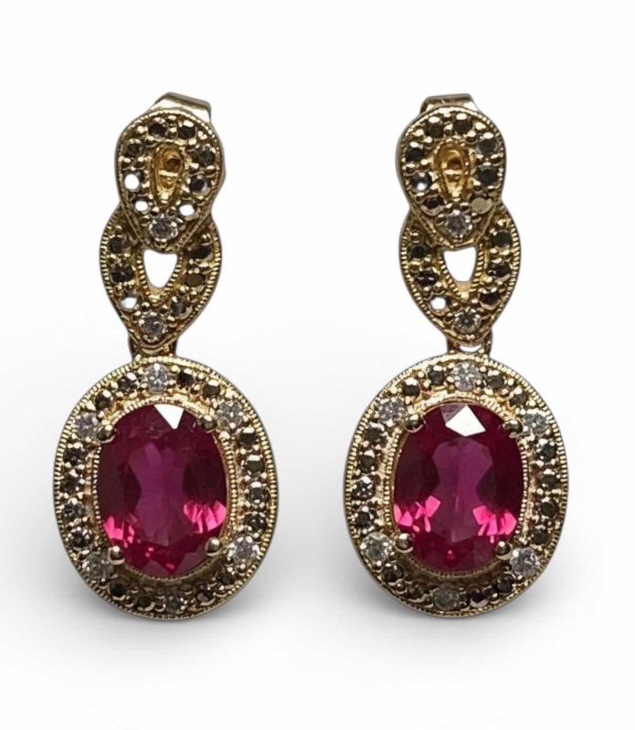 Photo 1 of STERLING SILVER GOLD PLATED EARRINGS W NATURAL RUBY OVAL (2 PCS) 4.18 CTW AND NATURAL DIAMOND 0.31 CTW TOTAL CARAT WEIGHT 4.49 CT E-LABS CERTIFIED -ER08585