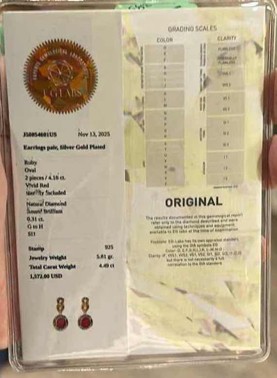 Photo 1 of STERLING SILVER GOLD PLATED EARRINGS W NATURAL RUBY OVAL (2 PCS) 4.18 CTW AND NATURAL DIAMOND 0.31 CTW TOTAL CARAT WEIGHT 4.49 CT E-LABS CERTIFIED -ER08585