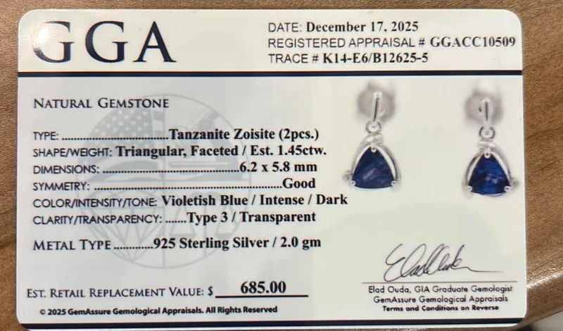 Photo 1 of STERLING SILVER W NATURAL TANZANITE ZOISITE (2 PCS) APPROX 1.45 CTW TRIANGULAR FACETED DROP EARRINGS GGA CERTIFIED -ER008580