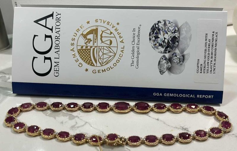Photo 1 of STERLING SILVER (.925) W YELLOW GOLD OVERLAY NECKLACE W NATURAL RUBY CORUNDUM OVAL BRILLIANT FACETED (29 PCS) APPROX 136.41 CTW AND NATURAL DIAMOND ROUND BRILLIANT CUT (58 PCS) APPROX 3.79 CTW GGA INSURANCE APPRAISAL-NK017299