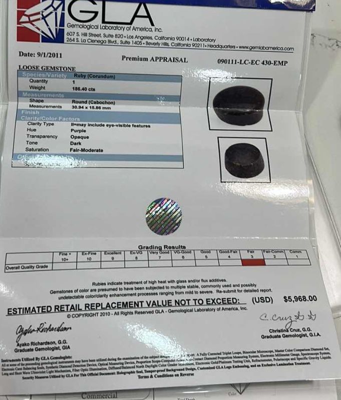 Photo 1 of LOOSE NATURAL RUBY (CORUNDUM) CABOCHON ROUND APPROX 186.40 CTS GLA PREMIUM APPRAISAL