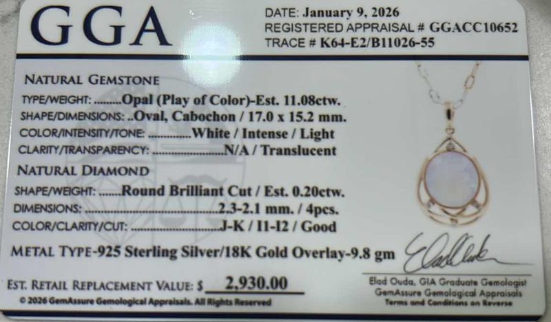 Photo 1 of STERLING SILVER W 18K GOLD OVERLAY W NATURAL OPAL (PLAY OF COLOR) APPROX 11.08 CTW OVAL CABOCHON PENDANT AND NATURAL DIAMOND 0.20 CTW GGA CERTIFIED -NK017293