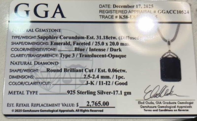 Photo 1 of STERLING SILVER W NATURAL SAPPHIRE CORUNDUM (DIFFUSED) APPROX 31.18 CTW EMERALD FACETED PENDANT AND NATURAL DIAMOND 0.06 CTW GGA CERTIFIED -NK017296