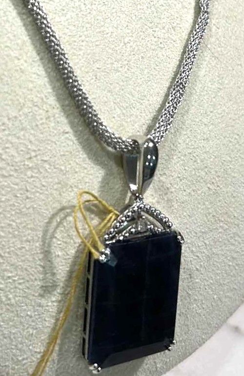 Photo 1 of STERLING SILVER W NATURAL SAPPHIRE CORUNDUM (DIFFUSED) APPROX 31.18 CTW EMERALD FACETED PENDANT AND NATURAL DIAMOND 0.06 CTW GGA CERTIFIED -NK017296