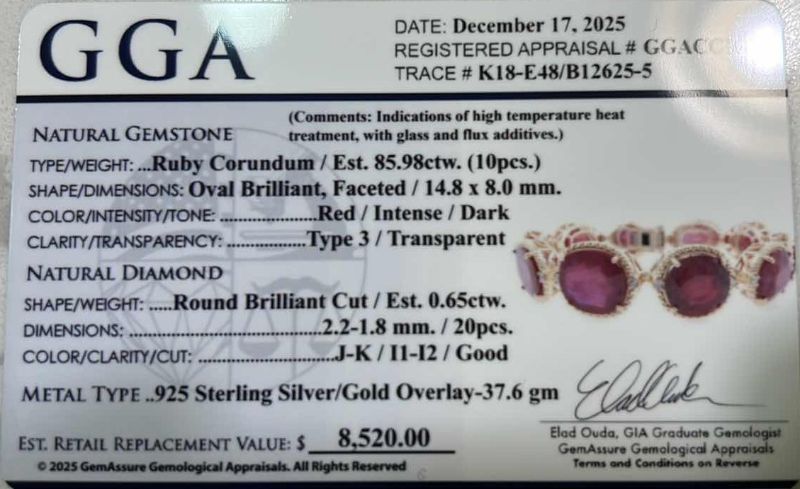 Photo 1 of STERLING SILVER W GOLD OVERLAY W NATURAL RUBY CORUNDUM OVAL BRILLIANT FACETED (10 PCS) APPROX 85.98 CTW AND NATURAL DIAMOND ROUND BRILLIANT CUT 0.65 CTW BRACELET GGA CERTIFIED -BR009104