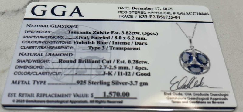 Photo 1 of STERLING SILVER W NATURAL TANZANITE ZOISITE (3 PCS) APPROX 3.82 CTW OVAL FACETED PENDANT AND NATURAL DIAMOND 0.28 CTW GGA CERTIFIED -NK017297