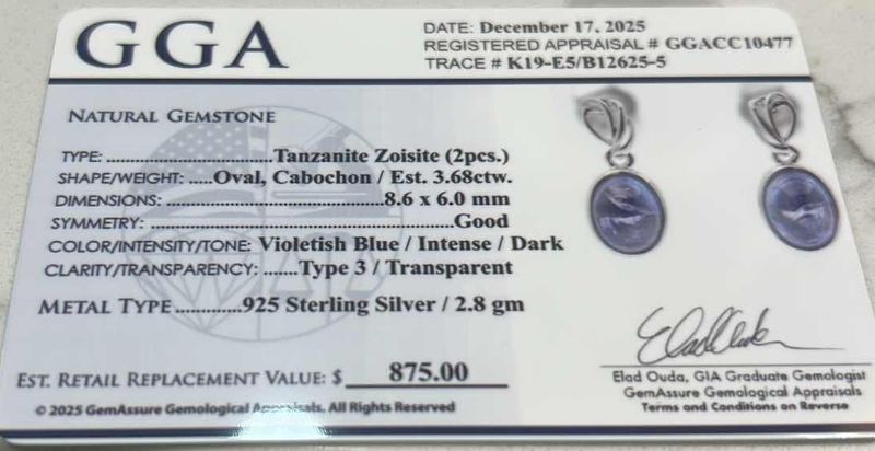 Photo 1 of STERLING SILVER W NATURAL TANZANITE ZOISITE (2 PCS) APPROX 3.68 CTW OVAL CABOCHON DROP EARRINGS GGA CERTIFIED -ER008579