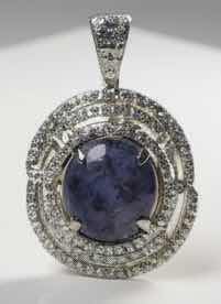 Photo 1 of 925 STERLING SILVER W YELLOW GOLD OVERLAY RUBY & WHITE SAPPHIRE PENDANT W 17” CHAIN ONE CABOCHON RUBY APPROX 20.00 CTS AND 132 ROUND SAPPHIRES APPROX 2.47 CTW TOTAL GEM WEIGHT APPROX 22.47 CTS WESTFIELD JEWELRY APPRAISERS -NK017298