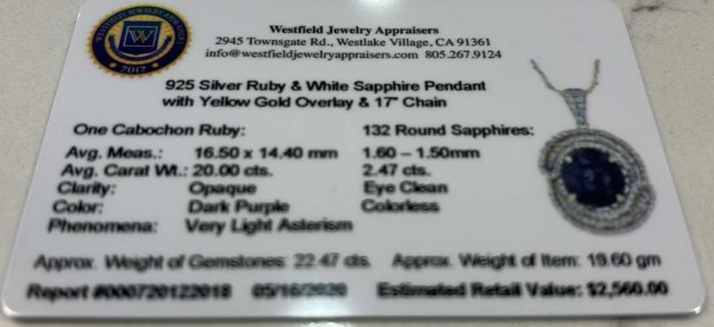 Photo 1 of 925 STERLING SILVER W YELLOW GOLD OVERLAY RUBY & WHITE SAPPHIRE PENDANT W 17” CHAIN ONE CABOCHON RUBY APPROX 20.00 CTS AND 132 ROUND SAPPHIRES APPROX 2.47 CTW TOTAL GEM WEIGHT APPROX 22.47 CTS WESTFIELD JEWELRY APPRAISERS -NK017298