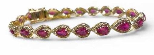 Photo 1 of 925 STERLING SILVER W GOLD OVERLAY RUBY CORUNDUM & DIAMOND BRACELET
19 RUBIES APPROX 7.14 CTW AND DIAMONDS APPROX 0.44 CTW
GGA CERTIFIED -BR009105