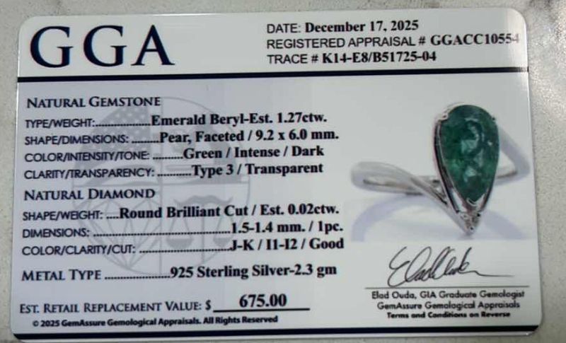 Photo 1 of 925 STERLING SILVER EMERALD BERYL & DIAMOND RING
EMERALD APPROX 1.27 CTW AND DIAMOND 0.02 CTW
GGA CERTIFIED (EST SIZE 8) -RN040652