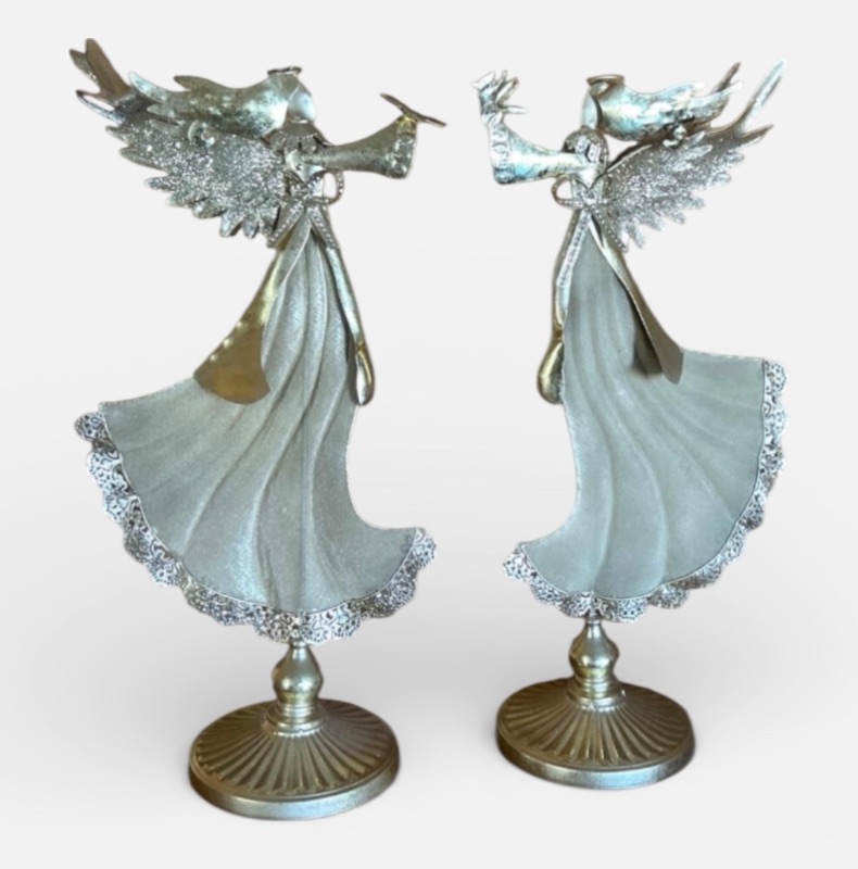Photo 1 of 2 GOLD LIGHTWEIGHT TIN ANGEL FIGURES ON STAND H22”