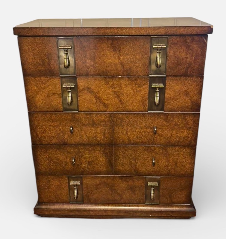 Photo 1 of MASTERCRAFT BURL WOOD VENEER CHEST OF DRAWERS FEATURING DISTINCTIVE ANTIQUED BRASS HARDWARE 38” x 19” x H46”