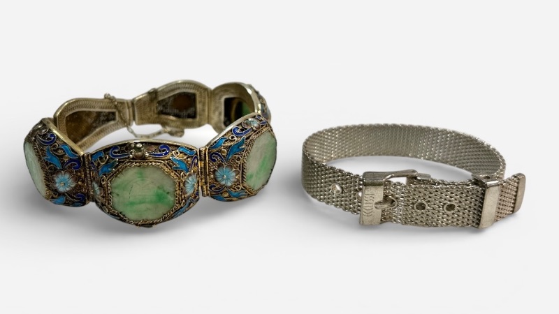 Photo 1 of 2 VINTAGE BRACELETS -VINTAGE CHINESE EXPORT BRACELET FEATURING FILIGREE WORK, BLUE ENAMEL DETAILING, AND GREEN JADEITE CABOCHONS SET IN GOLD VERMEIL OVER STERLING SILVER. LISTED ON ETSY FOR $1200 & ECCLISSI STERLING SILVER MESH BUCKLE BRACELET